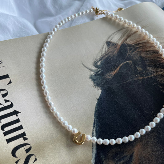 -New- Pearl with Charm Necklace -Horse Shoe-